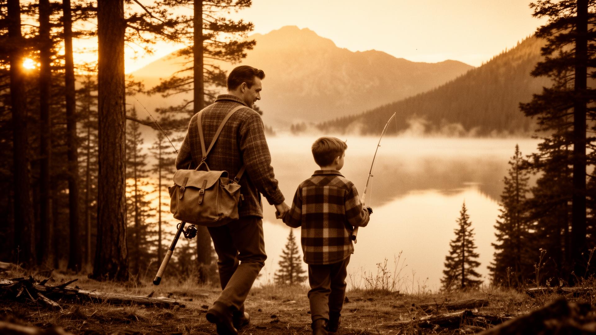A father and young son carrying fishing rods toward a mountain lake at dawn