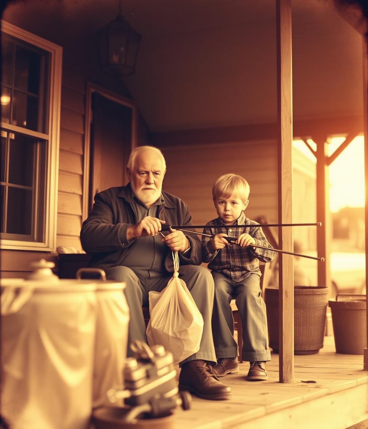 A grandfather and grandson sitting on a porch cleaning fishing gear
